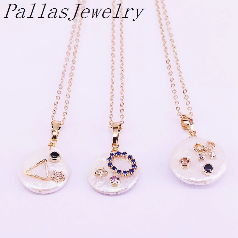 8Pcs New fashion freshwater pearl and delicate zircon micro pave coin shape Charms Pendant Necklace