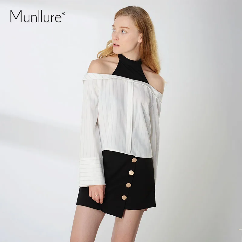 Женская блузка с длинным рукавом Munllure шифоновая открытыми плечами весна осень