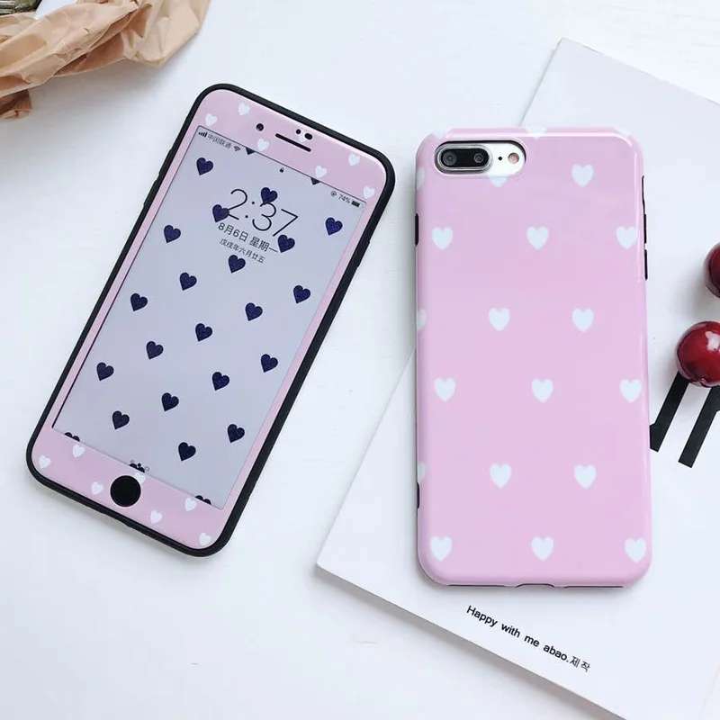 For iPhone 8plus Love Heart Soft case &amp Tempered Glass Screen film X 7 7Plus 8 6 6S 6Splus Retro Back cover |