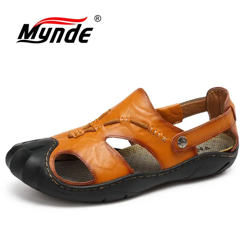 

MYNDE Cow Split Leather Men Sandals waterproof Summer Flats Shoes Handmade Breathable Casual Men shoes Slip On Walking Sandals