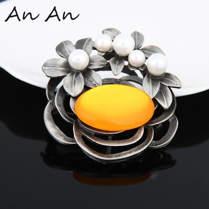 Fashion Pearl Resin Hollow Flower Brooch Safety Pin Women Girl Scarf Clip Sweater Antique Tin Jewelry | Украшения и аксессуары