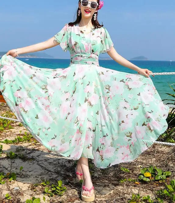 

High quality 2018 Summer New Arrival Bohemian Style S-XXXL V Collar Flare Sleeve Woman Chiffon Long Dress