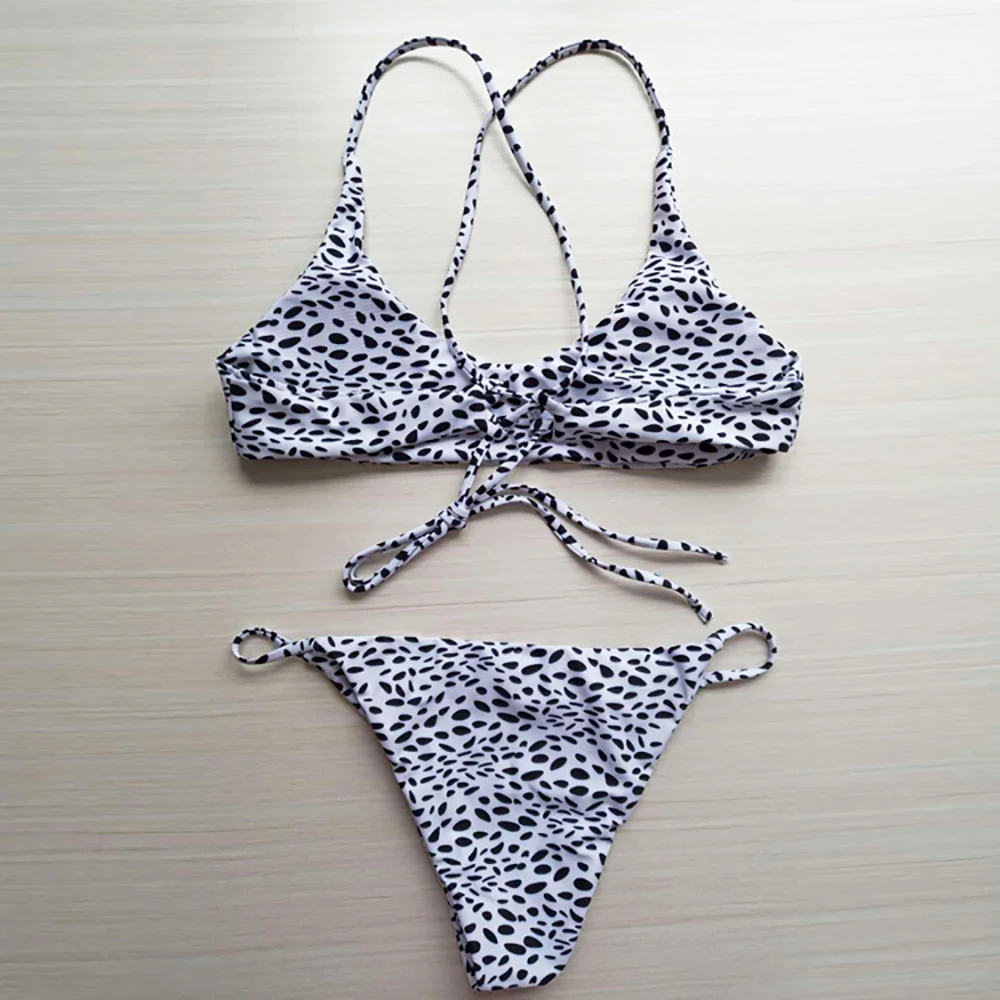 Cobble Print Sexy Bikini 2018 New Leopard Swimwear Lace Up Bandage Low Waist Bikinis Set Bathing Suits |