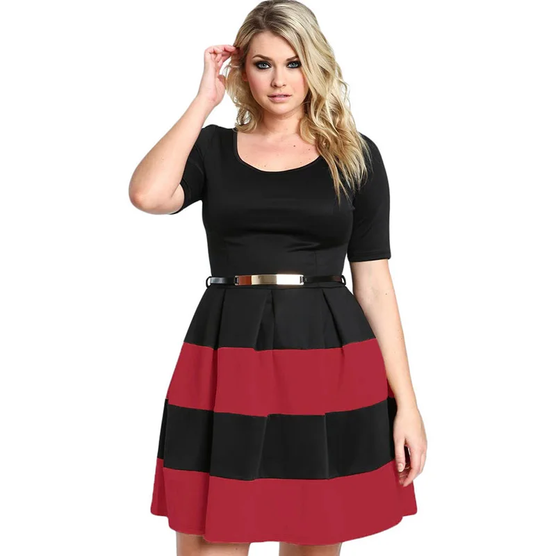 Одежда Для женщин Повседневное Летний стиль блок Striped Belted плюс Размеры
