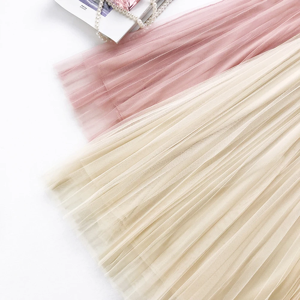 Однотонные эластичные юбки Tule с высокой талией сетчатые плиссированные миди