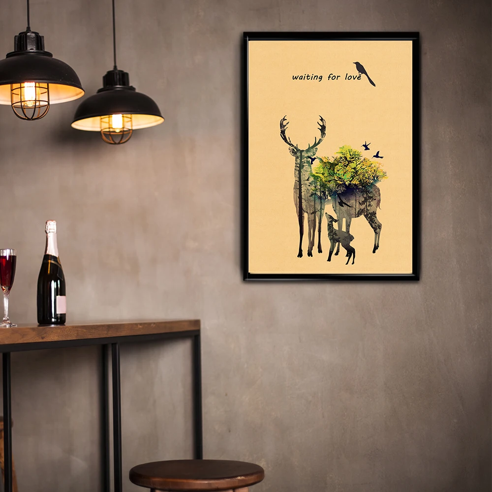Лось и птицы Kraft стены Стикеры Ретро Классический плакат Home Decor для кафе бар