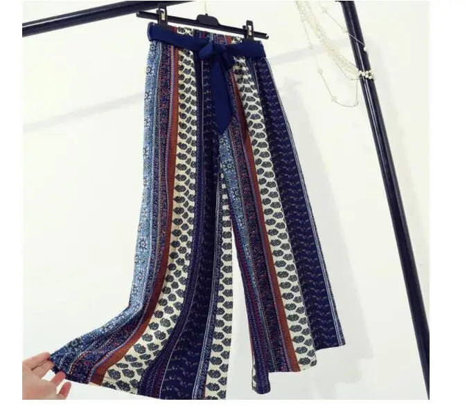 

Women Printed New Boho Wide Leg Pants High Elastic Waist Vintage Soft Stretch Ethnic Style Bell Bottom Pants