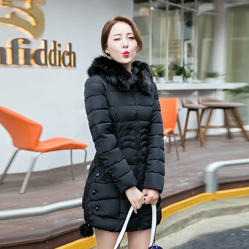 Fur collar no hood slim parka long women winter thicken padded coat cotton tunic suit sky blue warm wadded jacket | Женская одежда