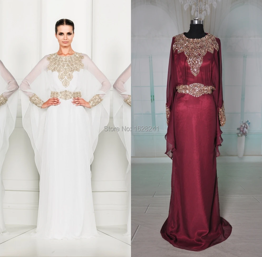2015 new Fancy Evening Dresses Real Sample Gold Beaded Bat Long Sleeve Burgundy Flowy Chiffon long prom gown Dress for Muslim | Свадьбы и