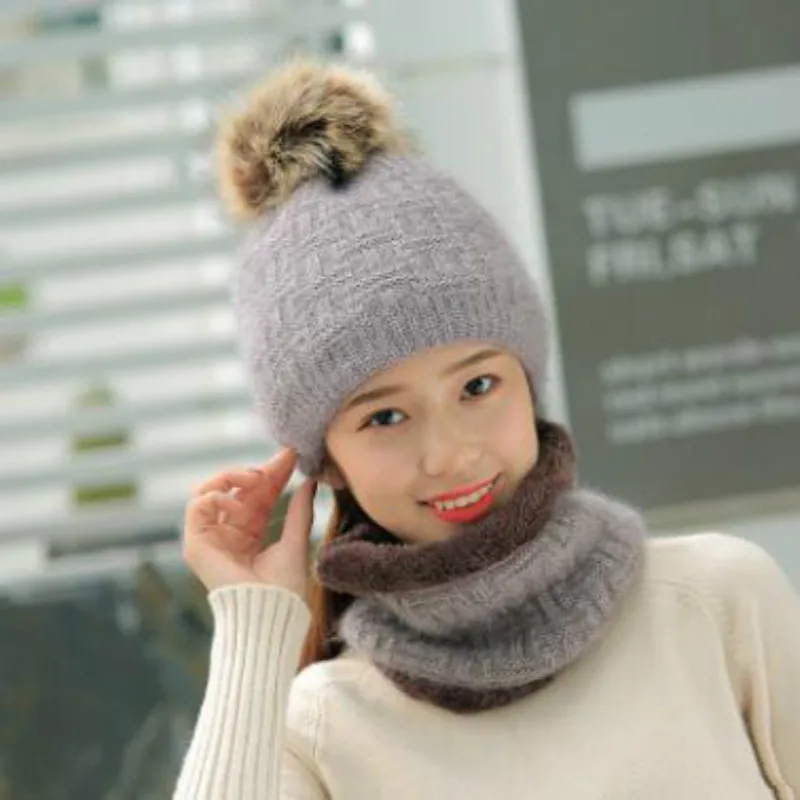 Теплая зимняя женская шапка шарф маска skullies beanie искусственный мех помпон шерсть
