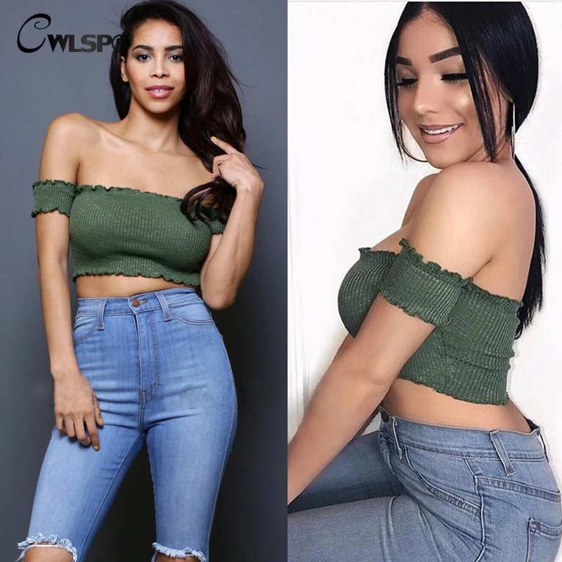 

CWLSP 2018 Summer Off Shoulder Tank Tops Sexy Solid Cotton Crop top Fashion elastic Lettuce Edge fitness Tops women Tanks QZ2119