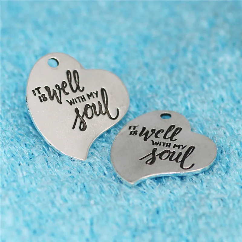 

20 pcs/Lot 25mm Antique Silver colour letter printed It is well with my soul charm round disc message charms