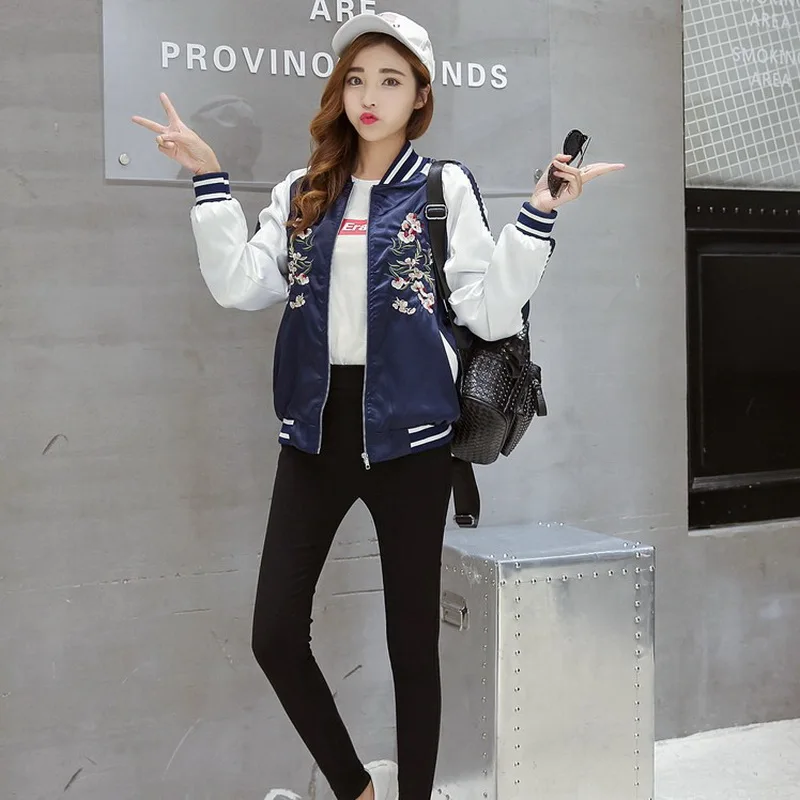Women Bomber Jacket 2019 Casual Systemic Flowers Embroidered Flight Jackets Female Spring Autumn Basic Coats Black Pink Blue | Женская