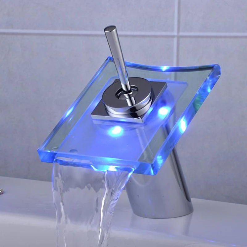 Dokorona LED Light Bathroom Waterfall Led Faucet Glass Wash Basin Mixer Tap Deck Mounted Single Handle | Обустройство дома