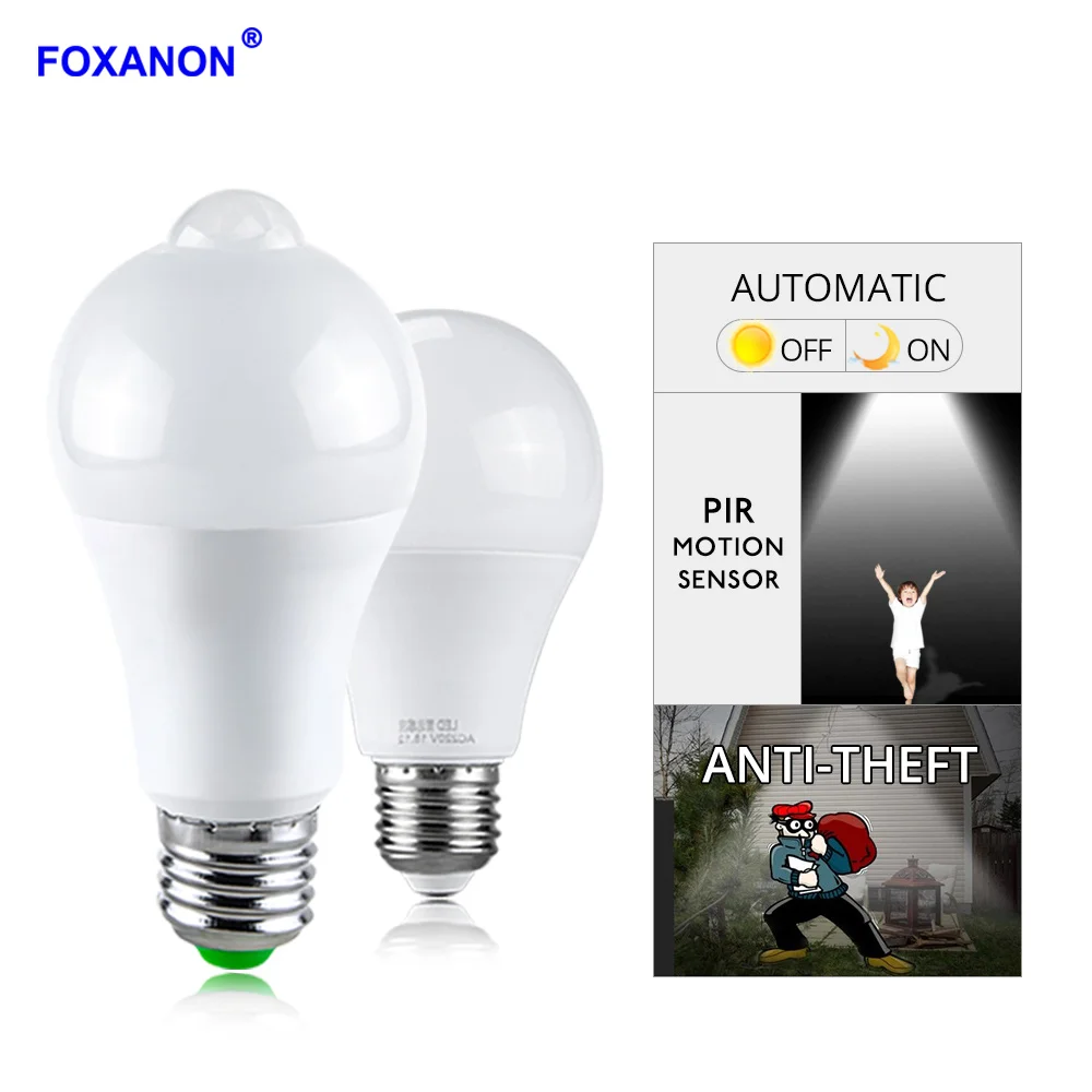 Foxanon движения PIR Сенсор светодиодный светильник E27 10 W 12 15 18 20 радар ночник авто