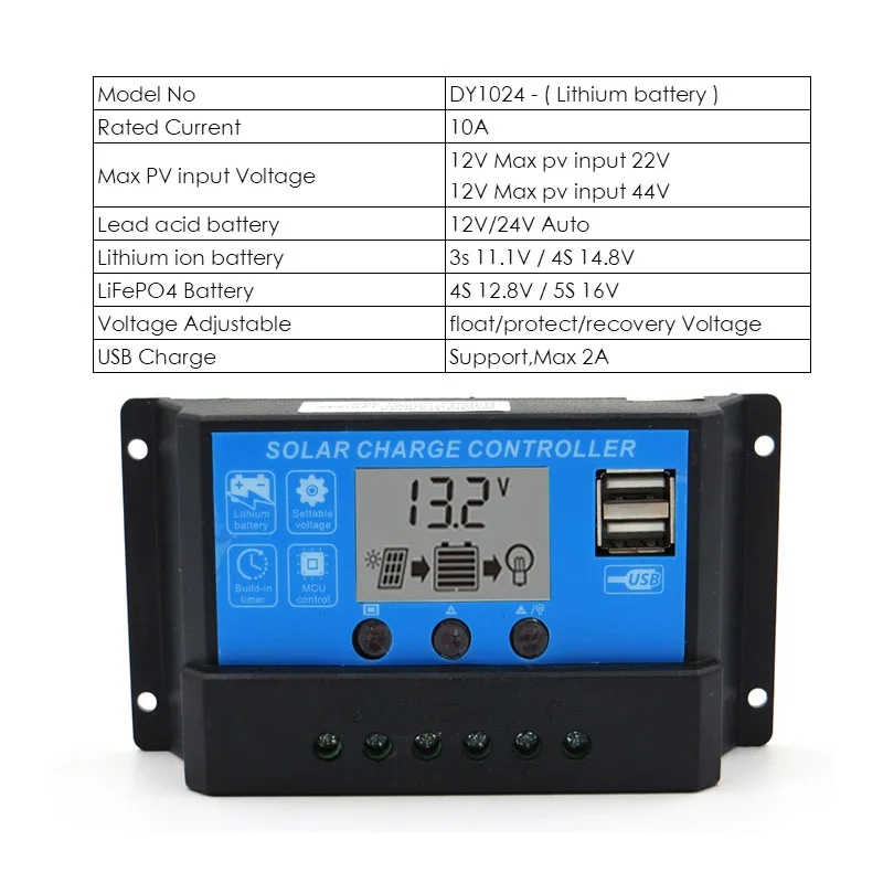 10A 12 24V 60/50/40/30/20/10A ЖК-дисплей дисплей регулятором солнечного заряда r сил AGM гель железа литий-ионный аккумулятор PWM регулятором солнечного заряда контроллер USB 5V - Цвет: 10A 12 24V