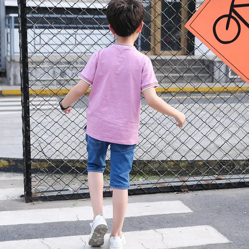 Fashion Summer Clothes for Kids Sollid Turn-down Collar Shirts + Blue Denim Shorts Teenage School Boys Sport Suit Purple/Green |