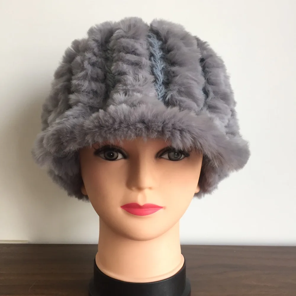 Женские вязаные шапки с козырьком из натурального кроличьего меха зимние теплые