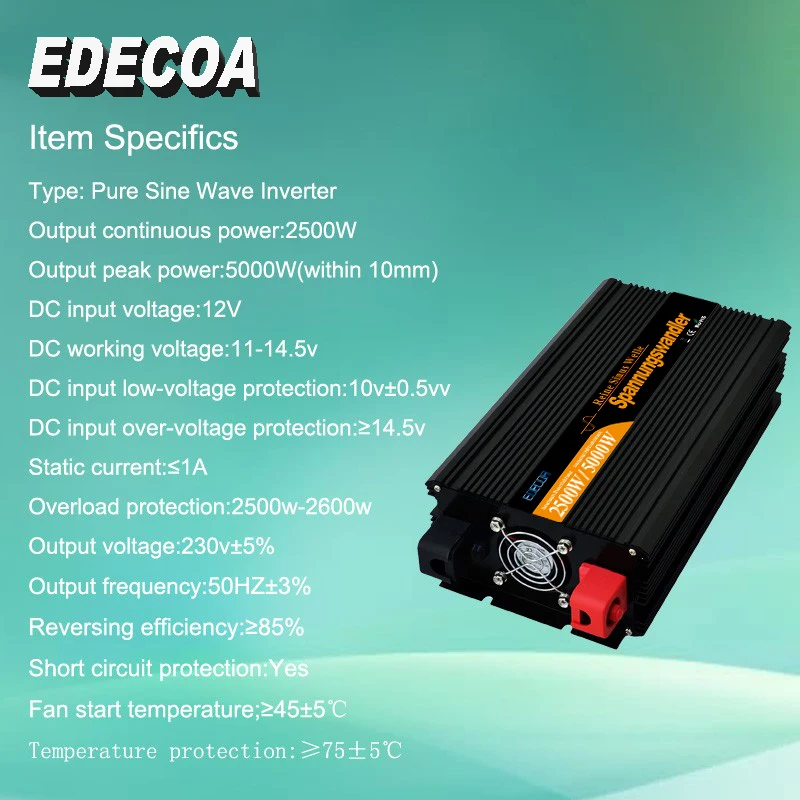 EDECOA 2500 Вт Чистая Синусоидальная волна солнечной энергии инвертор постоянного тока 12 В 24 в переменный ток 220 в 230 в пик 5000 Вт с пультом дистанционного управления решетки инвертор