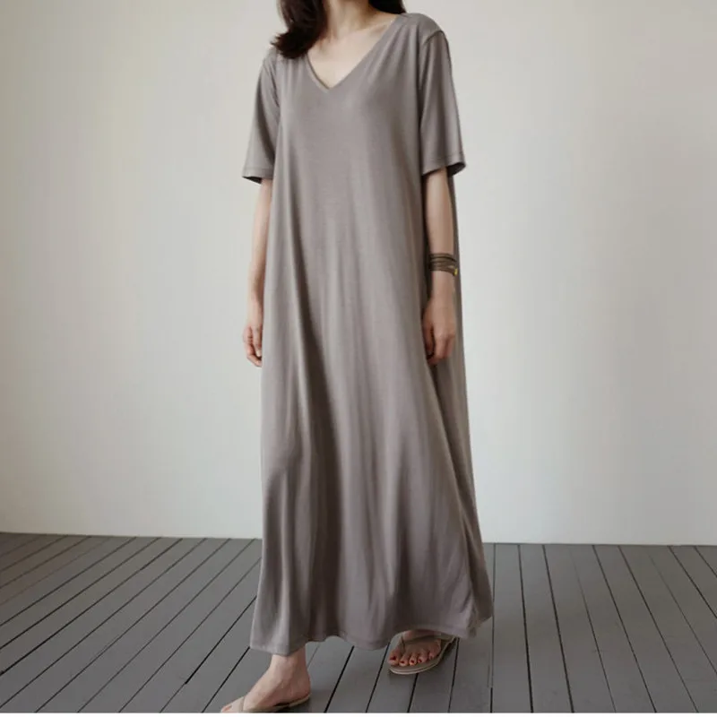 

Johnature Summer Casual Loose Solid Color Long Women Dresses 2022 New V-neck Half Sleeve Size S-XL Korean Simple Female Dress
