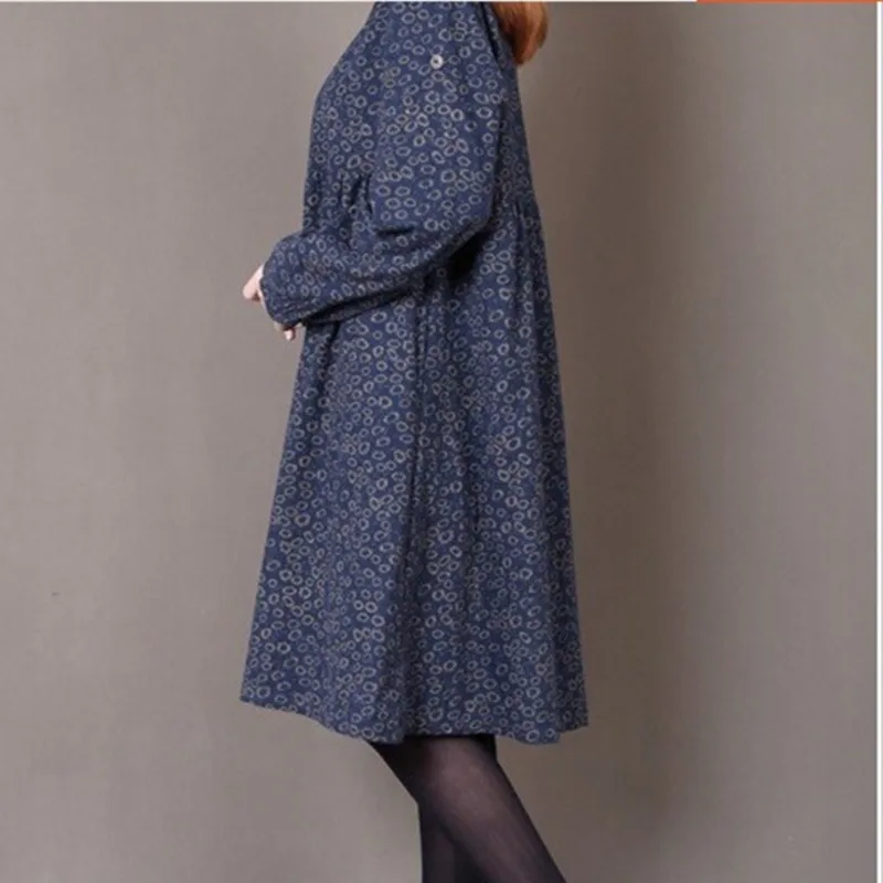 Модное платье "Цветочный принт осеннее" из хлопка и льна с длинным рукавом для женщин в стиле винтаж.