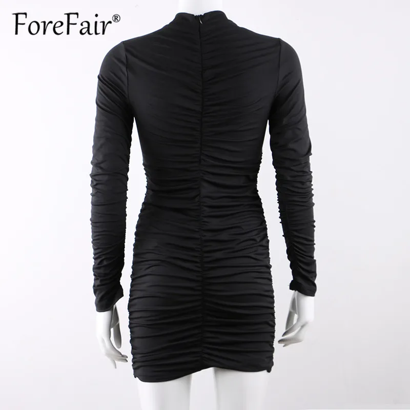 Forefair, длинный рукав, водолазка, осеннее платье,, женское, с рюшами, сексуальное, Клубное, тонкое, для вечеринки, платья, для девушек, мини, облегающее платье, черное