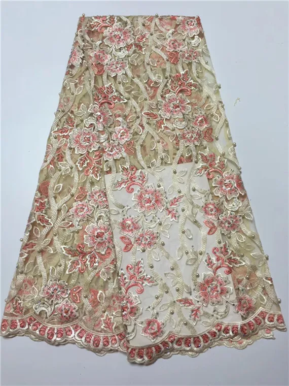 Hot sales pink beads African French Lace Fabric High Quality With Stones Nigerian Embroidery Tulle ff1-2 | Дом и сад