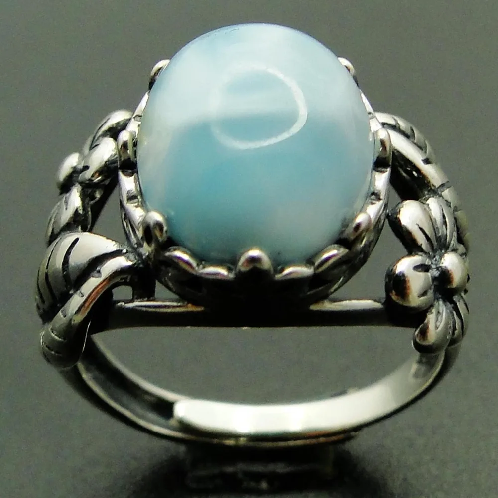 

Natural Larimar Ring 100% 925 Sterling Silver Jewelry Vintage Design Oval Larimar Stone Wedding Ring Women Adjustable Ring Size