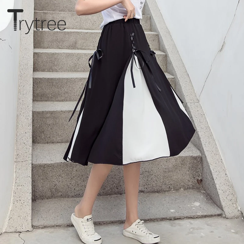 Ttytree летняя и осенняя Женская юбка трапециевидной формы длиной до колена с эластичной резинкой на талии, юбки в стиле пэчворк, женская модная юбка с перекрещивающимися лентами и бантом
