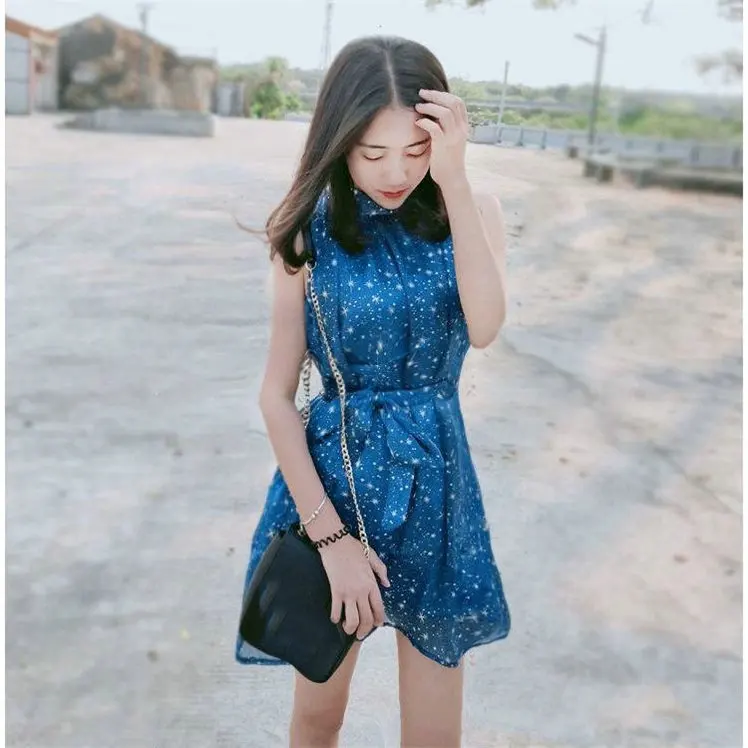 Dark Blue Dress Женское летнее сексуальное платье из органзы с принтом звезд, шелковое мини-платье с бантиком на шнуровке, пуловер на бретельках, шифоновое короткое пляжное платье - Цвет: Dark Blue Dress