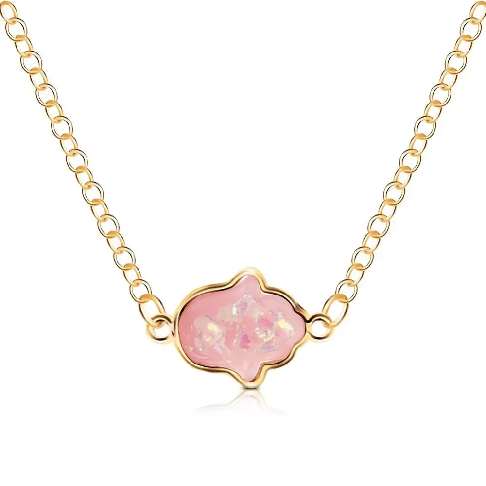 pink Трендовое ожерелье хамса с голубым опалом для женщин, ювелирные изделия, подарки, новинка, Золотая цепочка, кулон рука Фатимы, колье-чокер, Femme - Окраска металла: pink