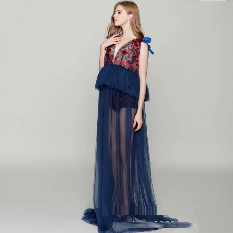 

Lace flowers Maxi Gown Maternity Photography Props Pregnancy Dress Maternity Dresses For Photo Shoot Pregnant Women Dress 2019