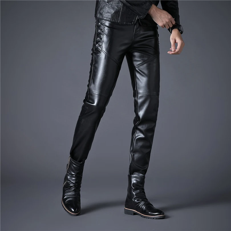 Новинка мужские эластичные штаны из искусственной кожи мотоциклетные черные