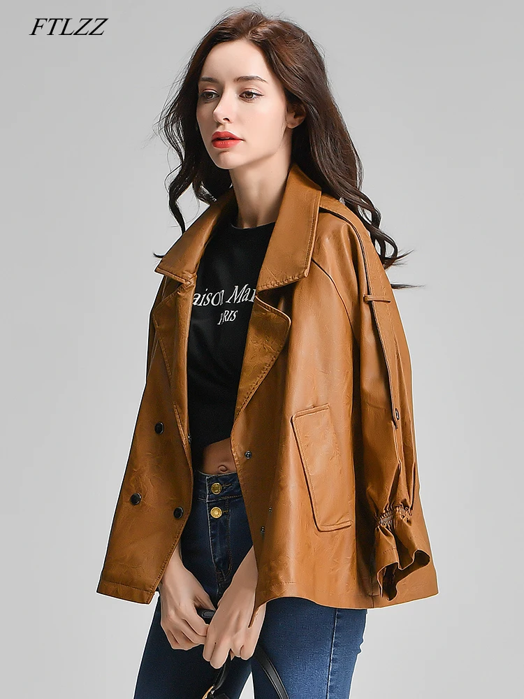 

FTLZZ Classic Moto Biker Jacket Women Loose PU Faux Leather Jacket Lady Spring Autumn Basic Coat Street Outerwear