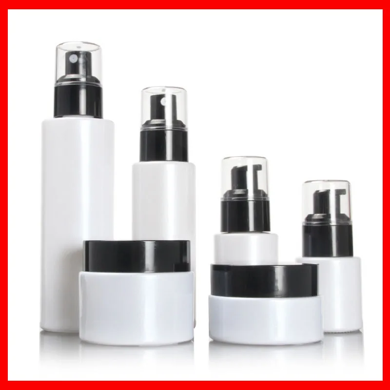 

20/30/50/40/60/80/100/120ML white Empty glass bottle/jar lotion/mist spay pump Cosmetic Packing w black cap Refillable Bottles