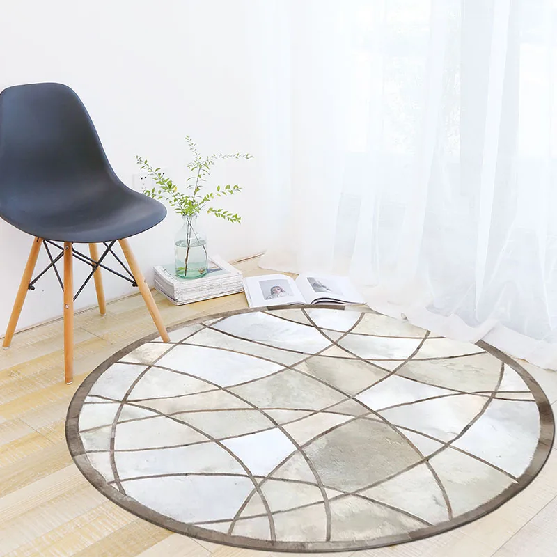 

Round shaped natural cowhide patchwork rug in gray color ,genuine fur carpet for bedroom decoration office chair mat