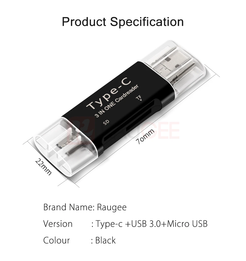 Raugee Micro USB и type-C устройство для чтения карт памяти Универсальный 3 в 1 USB 2,0 SD TF карта адаптер для MacBook PC мобильный телефон
