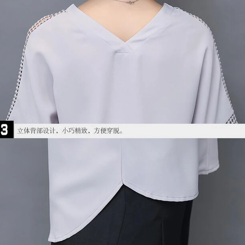 

Nice Summer New Fashion Women Blouses Short Sleeve V-neck Casual Loose Lace Hollow Out Shirts Plus Size Chiffon Tops LU245