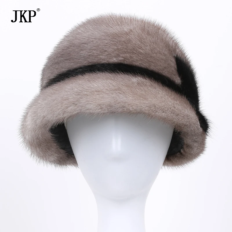 100% натуральный мех норки шапка с полями Осень Зима Женская рюшами Jurchens теплая