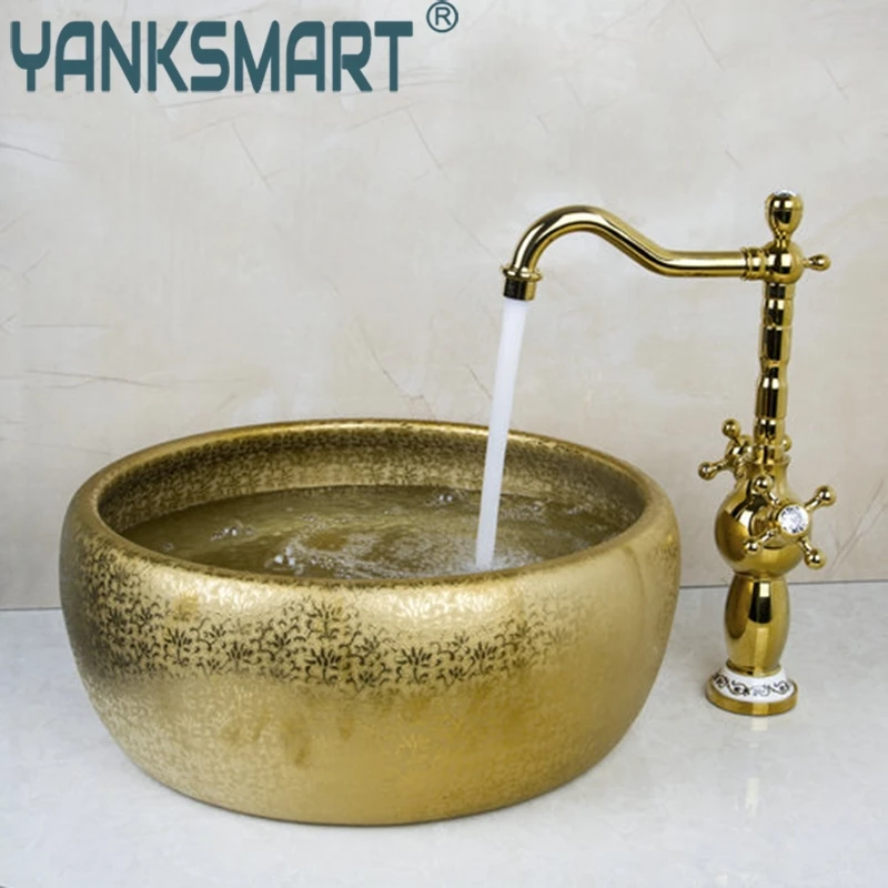 

YANKSMART Two Handle Kitchen Swivel Tap+Bathroom Sink Washbasin Ceramice Lavatory Bath Sink Combine Set Torneira Mixer Faucet