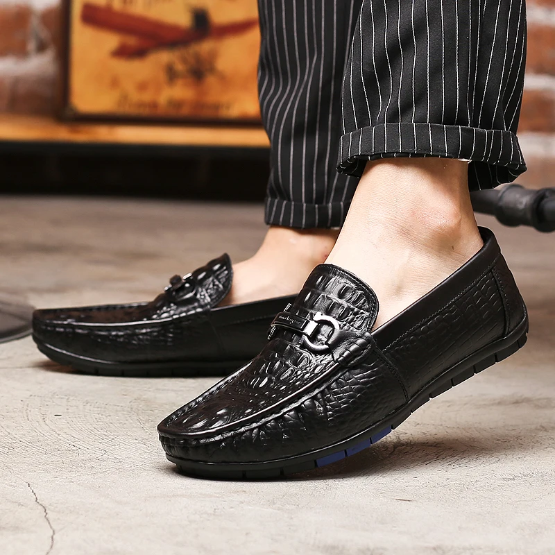 WENYUJH Genuine Leather Mens Moccasins Shoes Crocodile Slip On Breathable Casual Loafers Comfortable Driving Footwear | Обувь
