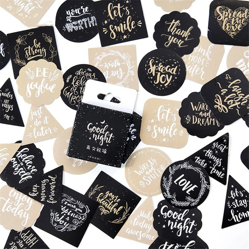 45pcs/pack Gold Black English Greetings Label Stickers DIY Letters Baking Packing Stcikers Gifts Paper Sticker Stationery|Канцелярские