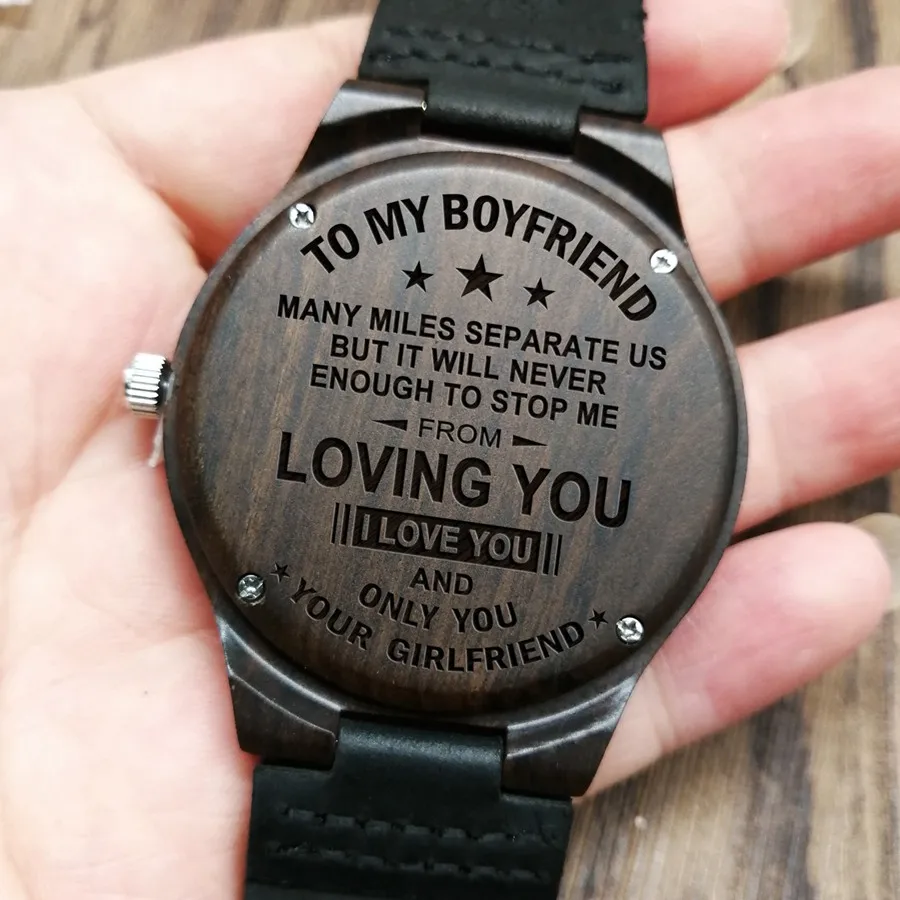 W1202 Деревянные часы с гравировкой «To My Boyfriend», Роскошные мужские часы на день рождения, праздник, годовщину, военные Подарки для него, наручные часы из черного дерева - Цвет: W1202
