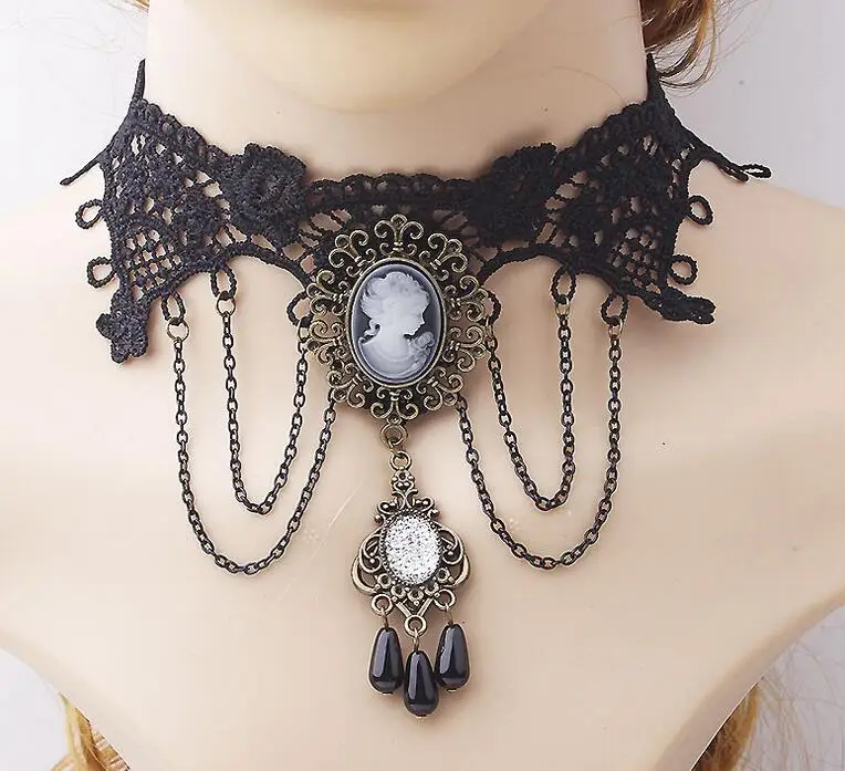 Винтажное женское ожерелье чокер с подвеской и цепочкой Victoria черный кружевной
