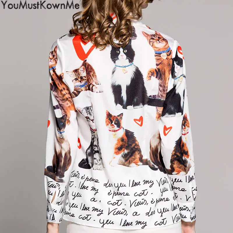 2019 women runway fashion dogs cats printed casual long sleeve shirt with bow tie plus size 3xl shirts blouses tops |