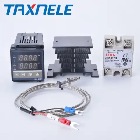 Цифровой ПИД-регулятор температуры REX-C100 REX C100, термостат + реле SSR 40DA + Термопара K, зонд 1m RKC