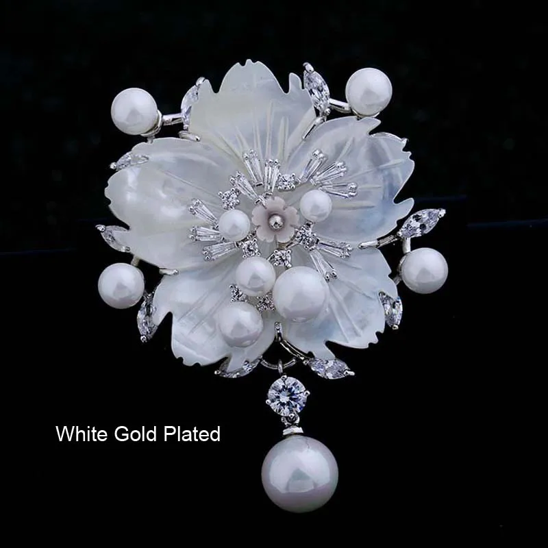 White Gold Plated Красные Деревья бренд цветок брошь для женщин с жемчугом и роскошным AAA кубическим цирконием в коробке посылка подарок на Год Вечерние - Цвет камня: White Gold Plated