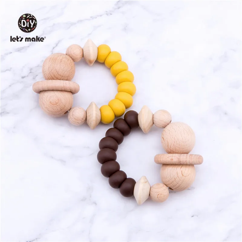 Hagamos 1 pc sonajeros de beb&eacute; juguetes de dentici&oacute;n de madera accesorios de enfermer&iacute;a regalo cuentas de silicona pulsera beb&eacute; Bpa silicona gratis mordedor-2