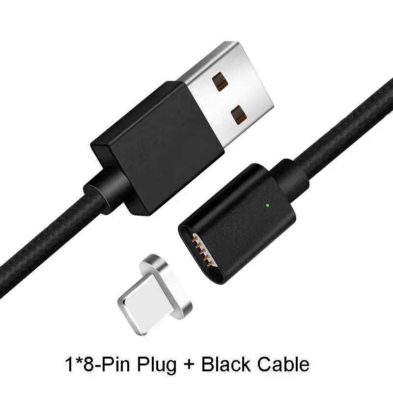 Black For Apple Магнитный зарядный кабель 1 м, кабель Micro USB для iPhone XR XS Max X 8 7 6 S, магнитное зарядное устройство usb type C, светодиодный кабель для зарядки - Тип штекера: Black For Apple