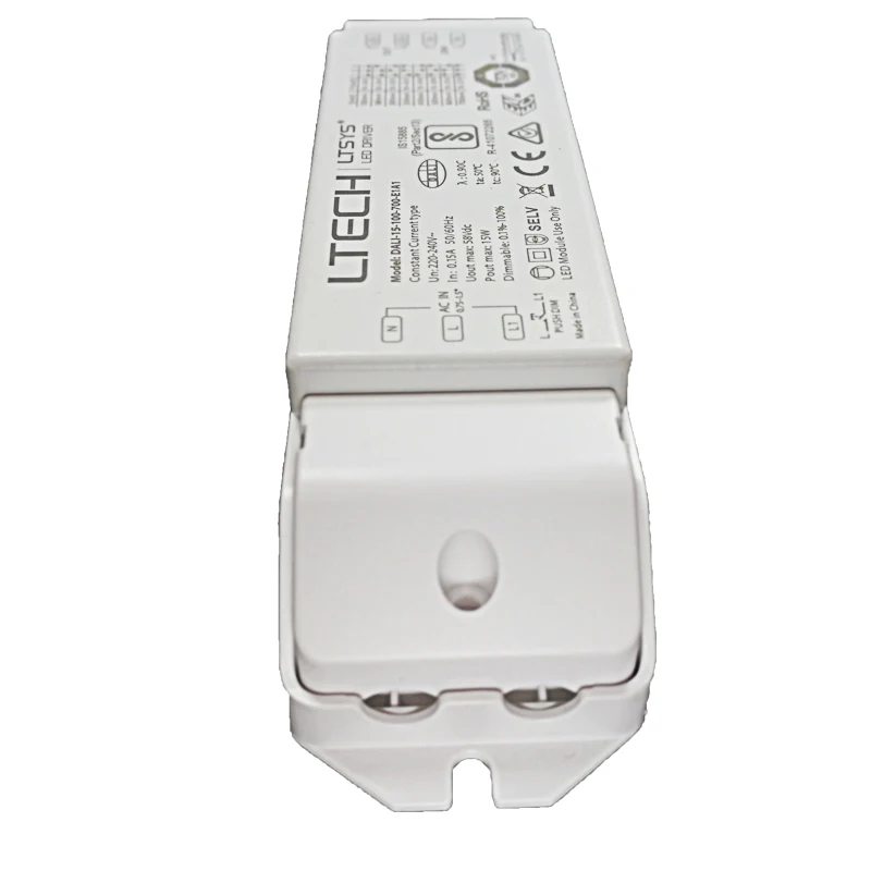 DALI-15-100-700-E1A1 DALI Диммируемый драйвер, AC220-240V вход; 100mA-700mA 15 Вт выход; DALI/Push CE Dali Диммируемый драйвер питания